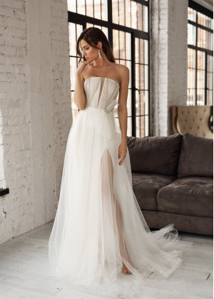 Strapless Beaded Ivory Tulle Slit Wedding Dress